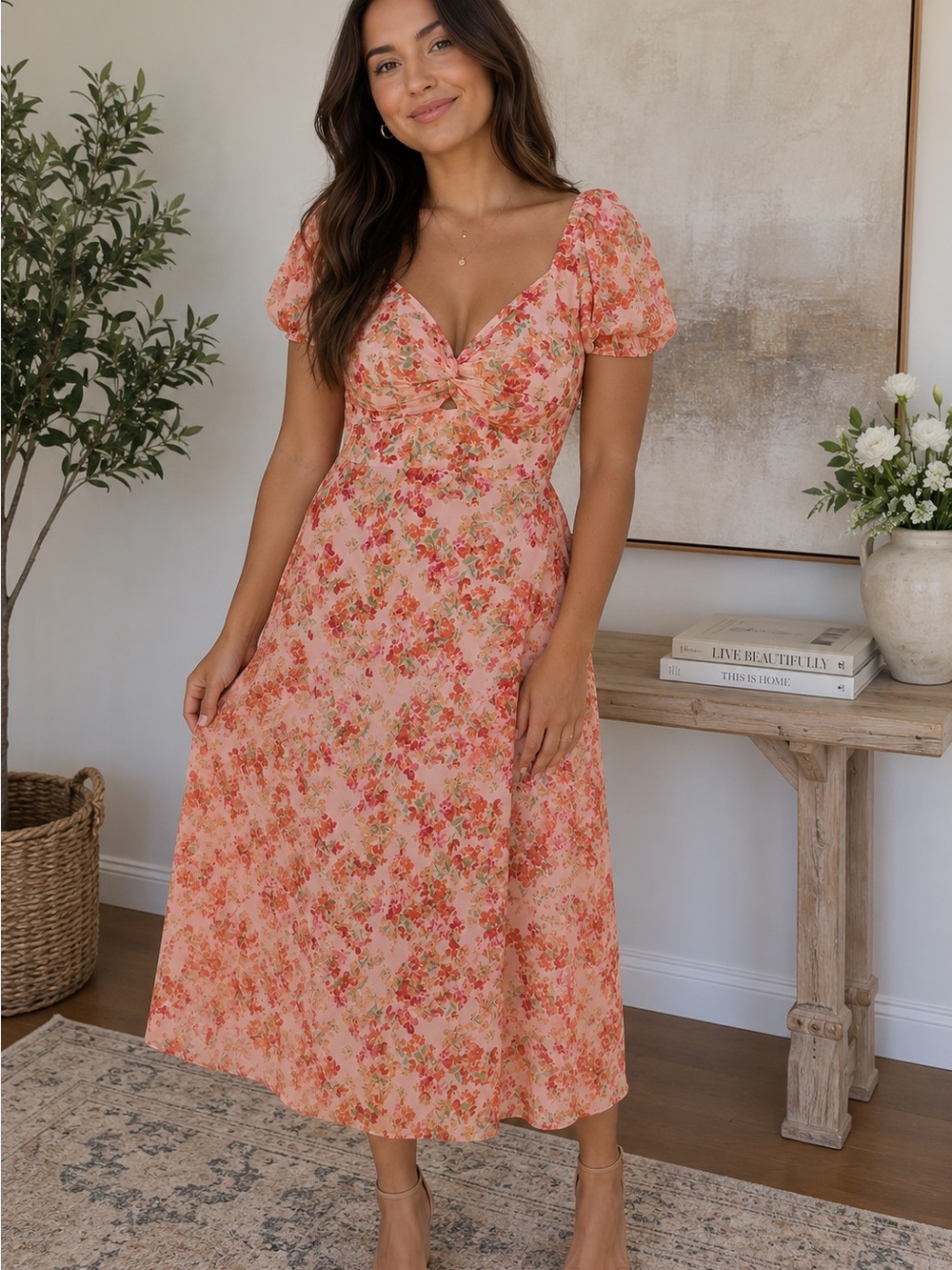 Sincerely Jules Peach Floral Twist-Front Midi Dress